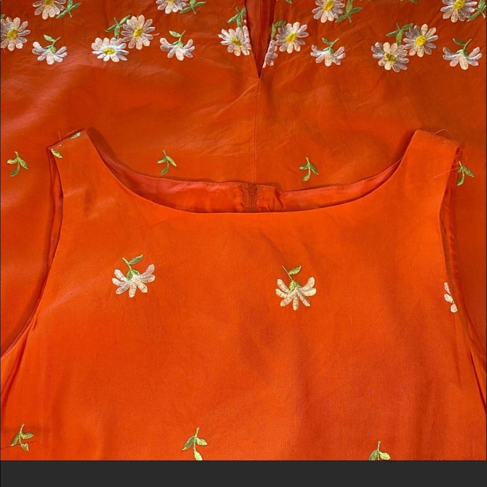 R & K Originals. Daisy embroidered orange linen fully lined tank dress.